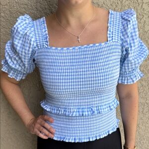 CeCe Light Blue Gingham Smocked Square-Neck Top